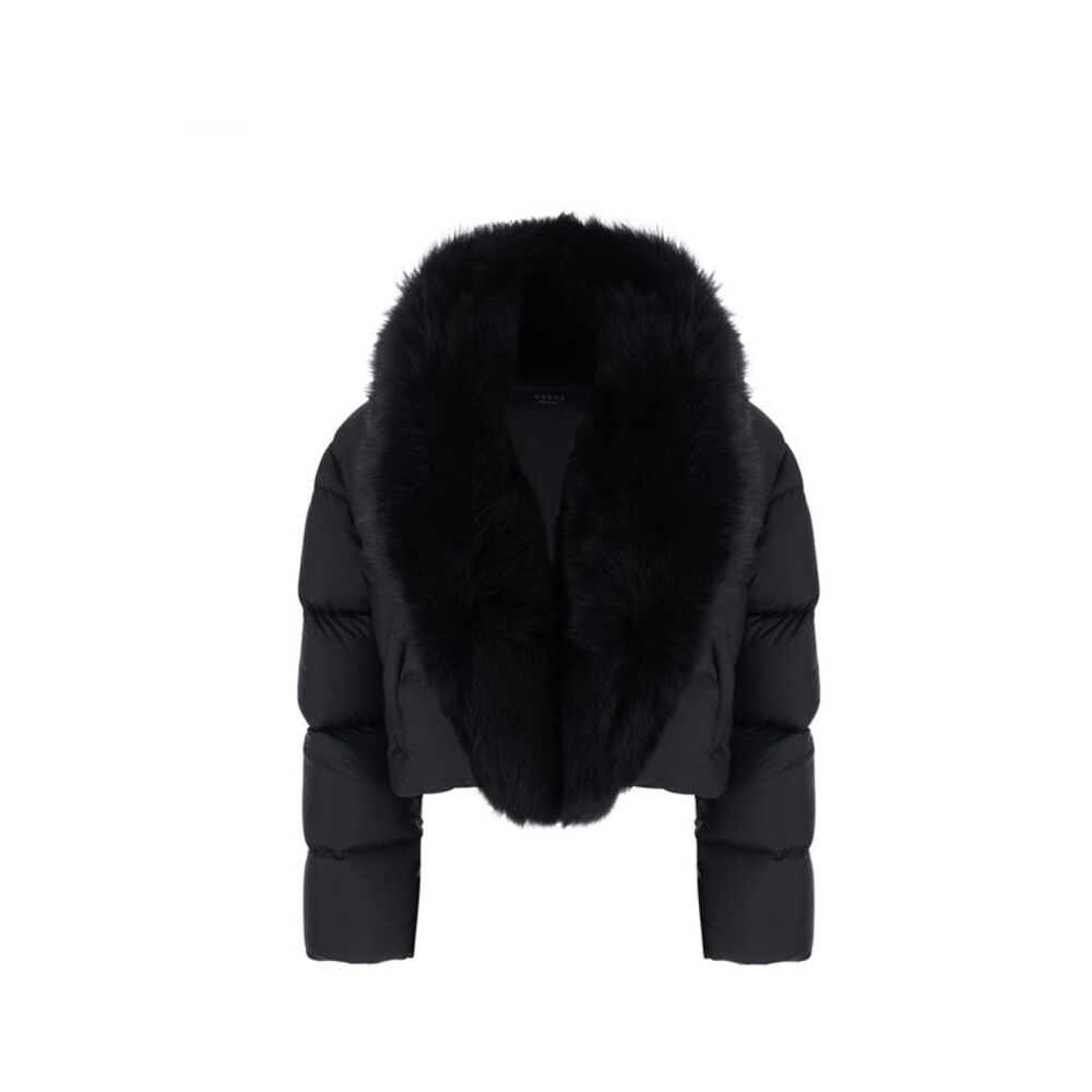 Gucci Women Black Down Jacket With Applied Fur On The Front In Tech Fabric Women